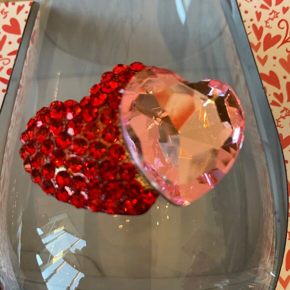 Valentines Day Jeweled HEARTS Stemless Wine Glasses Set of 2 Red & Pink New - Picture 13 of 14